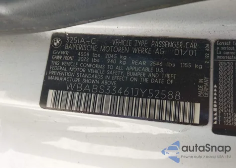 2001 BMW 325Ci z USA, uszkodzony, nr VIN WBABS33461JY52588